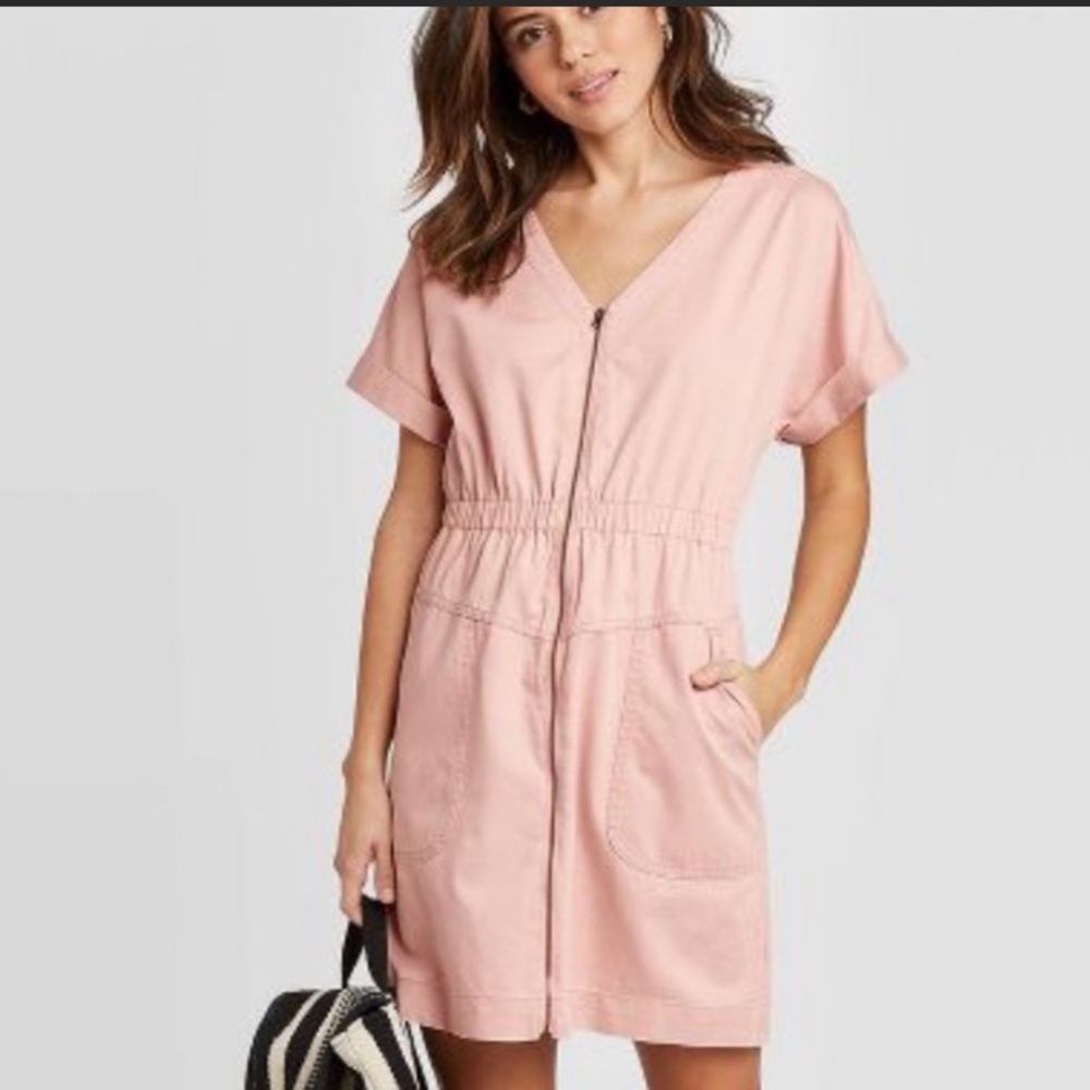 dusty pink zip up cargo dress